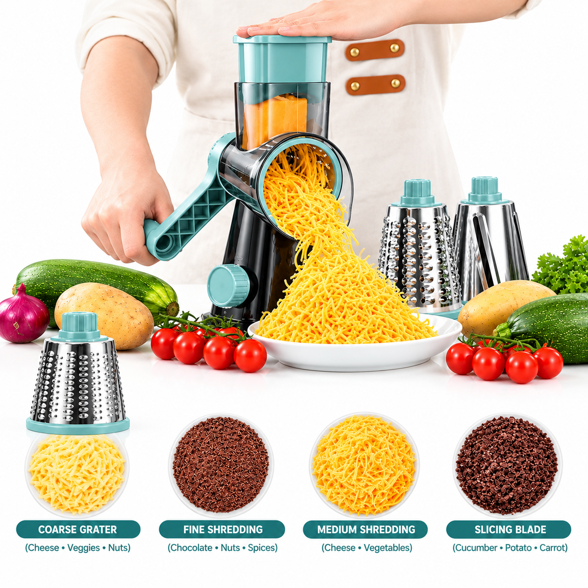 Manual Rotary 3 in 1 Vegetable Slicer and Grater – 3 Stainless Steel Drum Blades