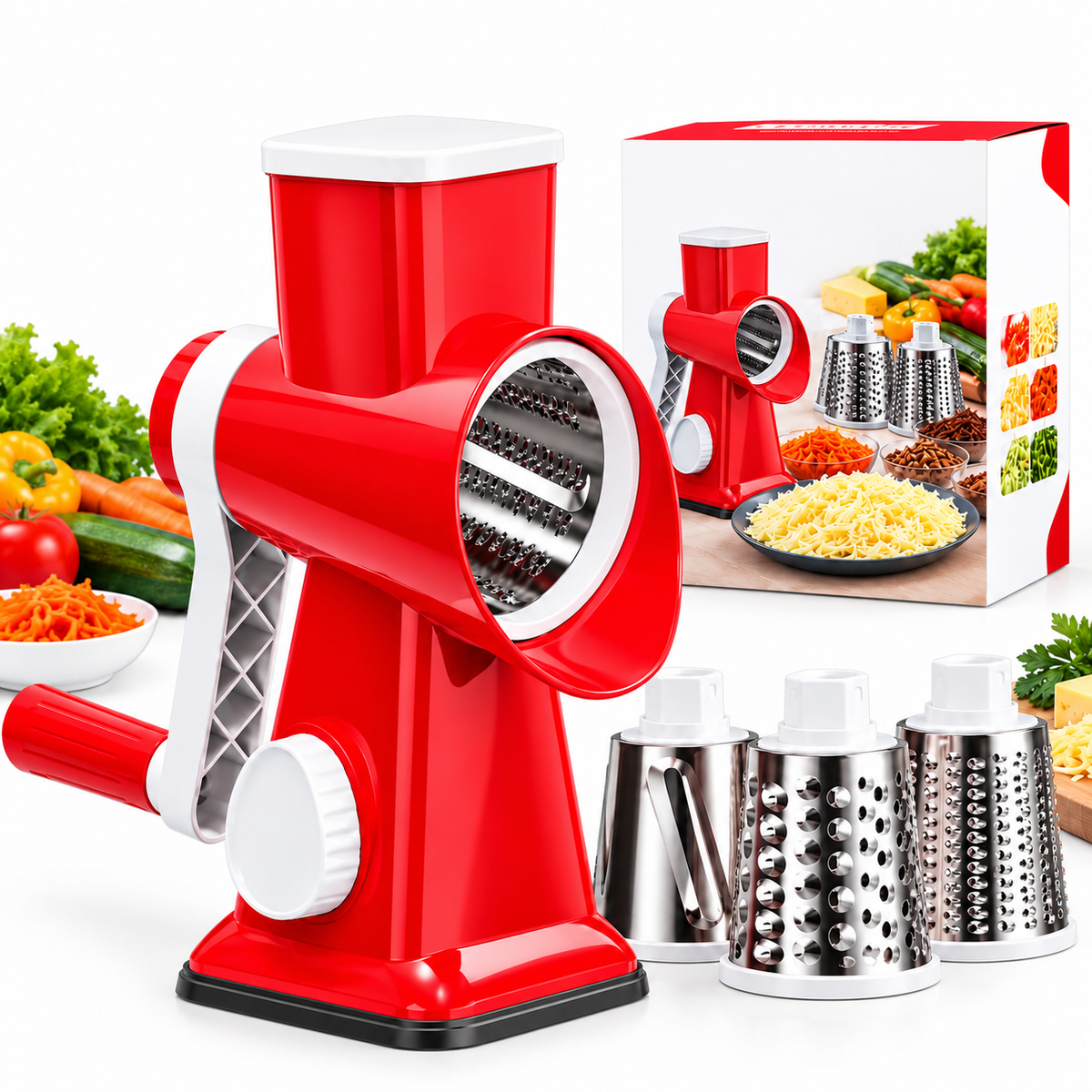 Manual Rotary 3 in 1 Vegetable Slicer and Grater – 3 Stainless Steel Drum Blades