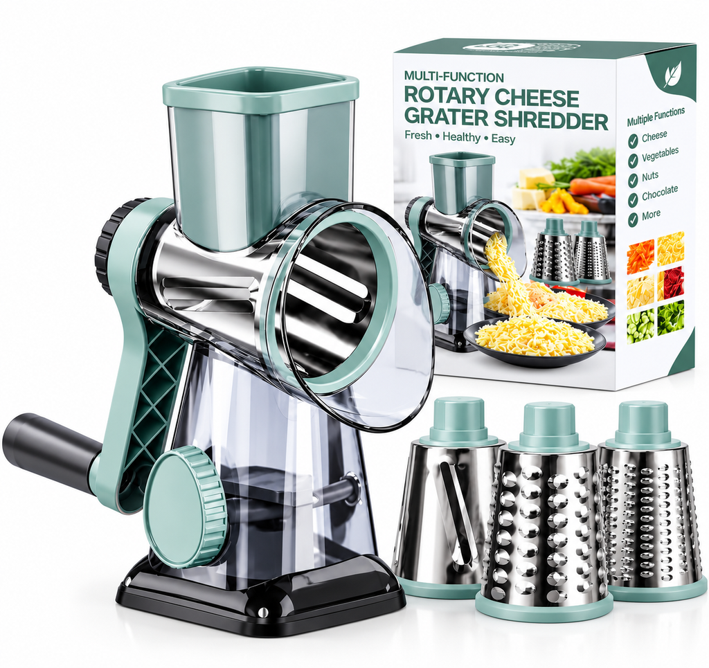 Manual Rotary 3 in 1 Vegetable Slicer and Grater – 3 Stainless Steel Drum Blades