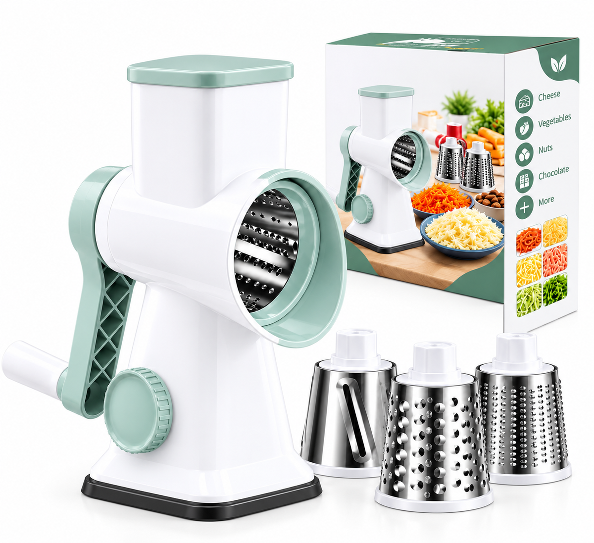 Manual Rotary 3 in 1 Vegetable Slicer and Grater – 3 Stainless Steel Drum Blades