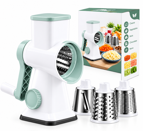 Manual Rotary 3 in 1 Vegetable Slicer and Grater – 3 Stainless Steel Drum Blades
